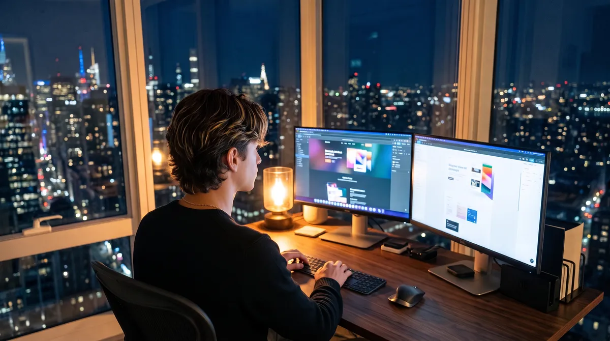 Armi at his desk at night, two monitors glowing, the Manhattan skyline lit up outside the window