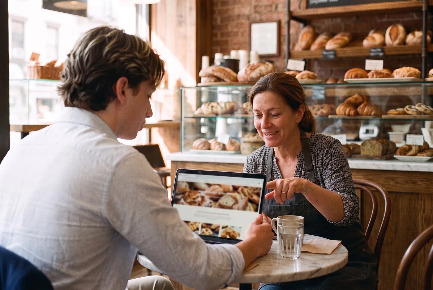 Armi showing a bakery owner a website on a laptop at a café table, with bread on the shelves behind them