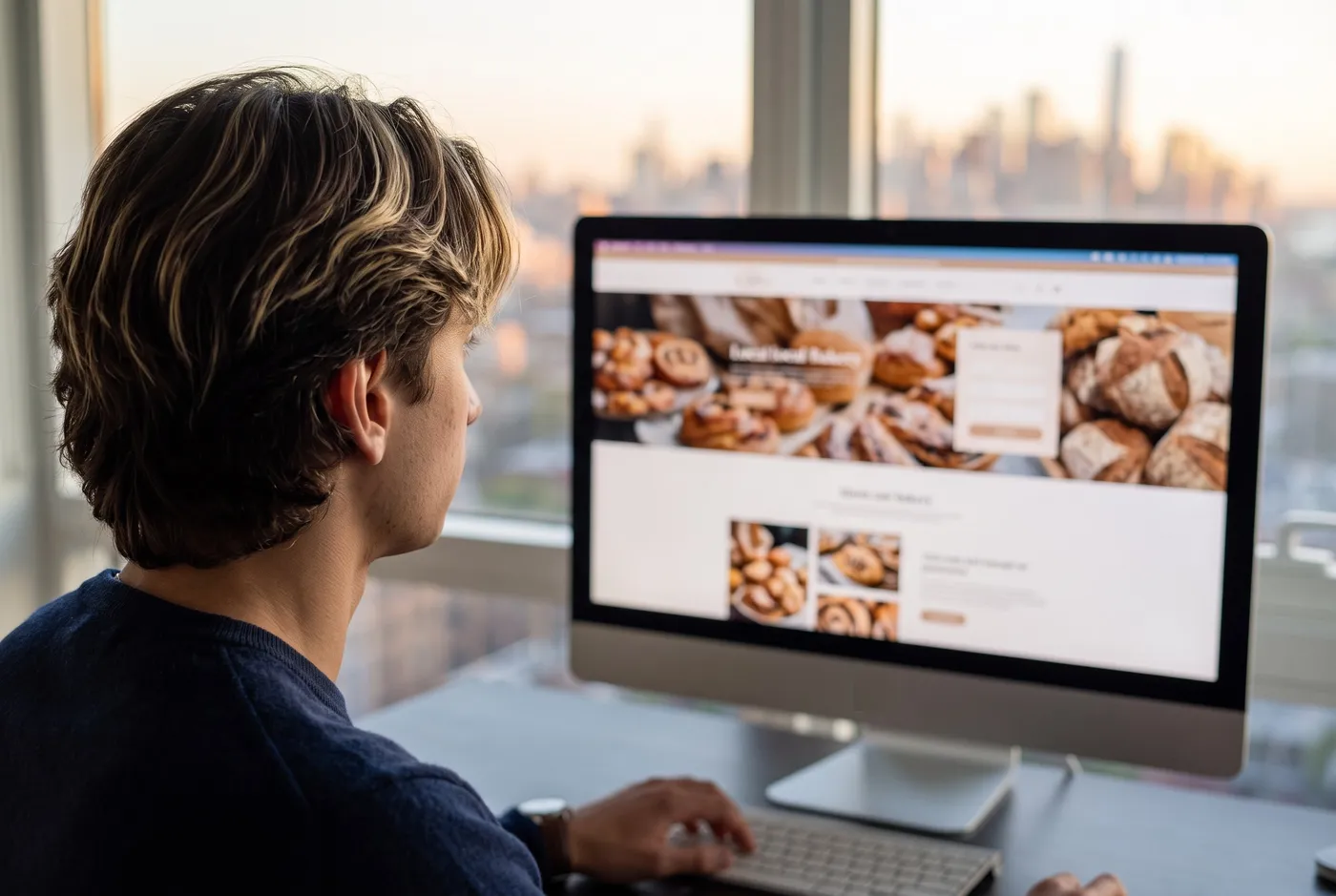 Over-the-shoulder view of Armi designing a bakery website on a large monitor, with the skyline outside