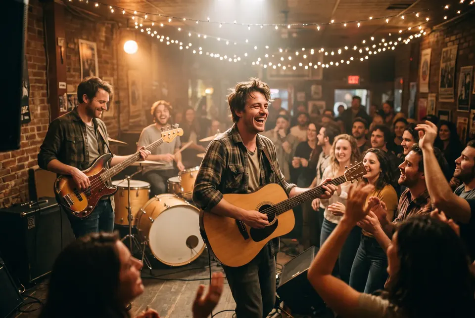 A small band playing under string lights while a happy crowd dances up front