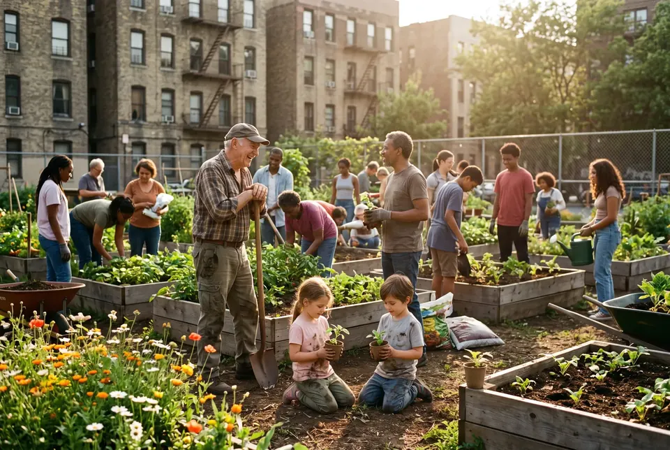 Neighbors and kids planting seedlings together in a city community garden at golden hour