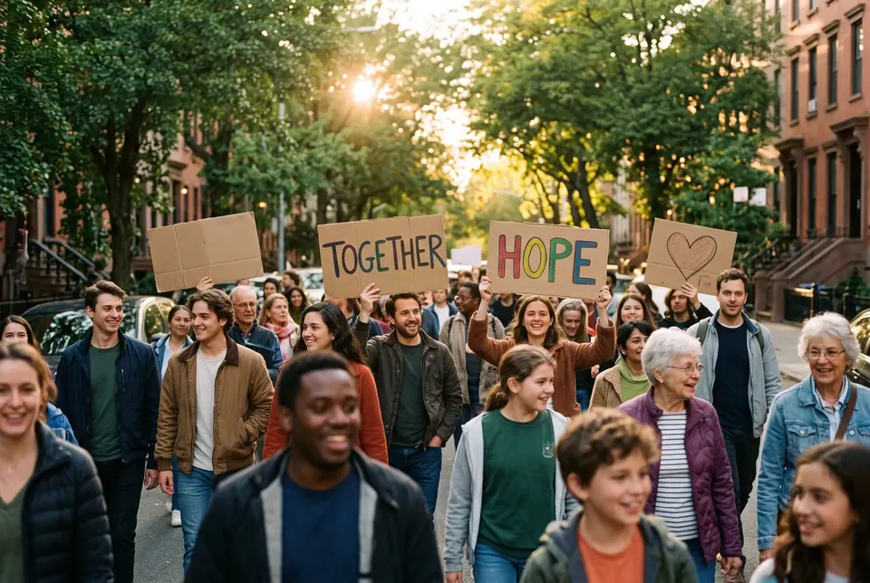 Neighbors of all ages marching down a tree-lined street at sunset, holding hand-painted signs that read Together and Hope