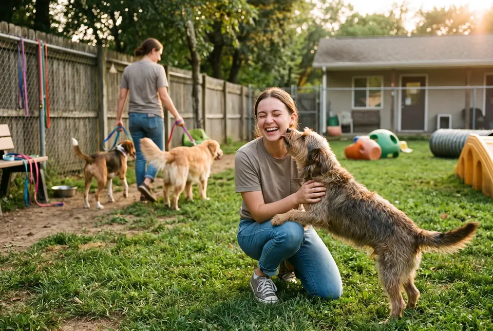 A shelter volunteer laughing as a scruffy rescue dog licks her face in a sunny play yard