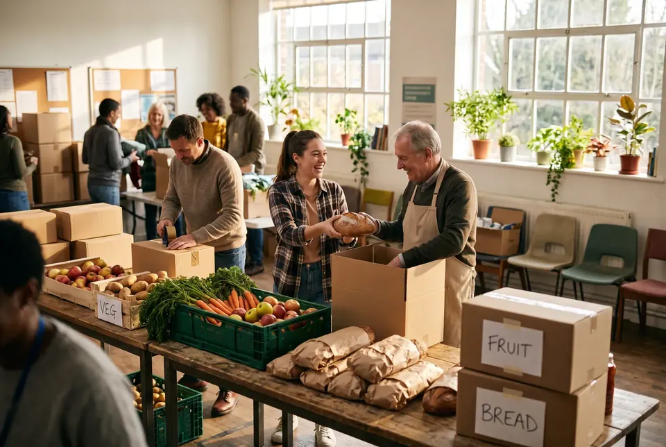 Volunteers laughing as they pack bread and fresh produce into boxes at a community food drive