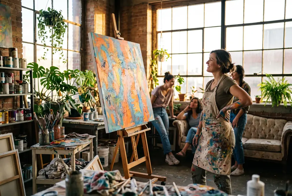 A painter in a paint-splattered apron smiling at her colorful canvas while friends look on