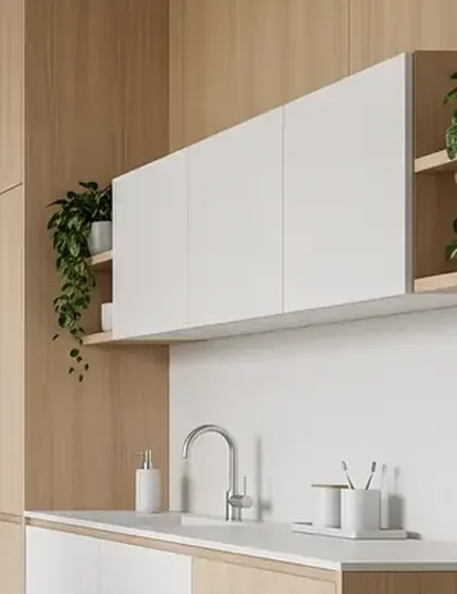 Pale wood shelves with a trailing plant above a white counter and sink.