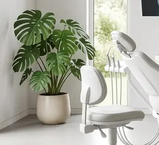 A big leafy plant in a cream pot beside a window, next to a white stool.